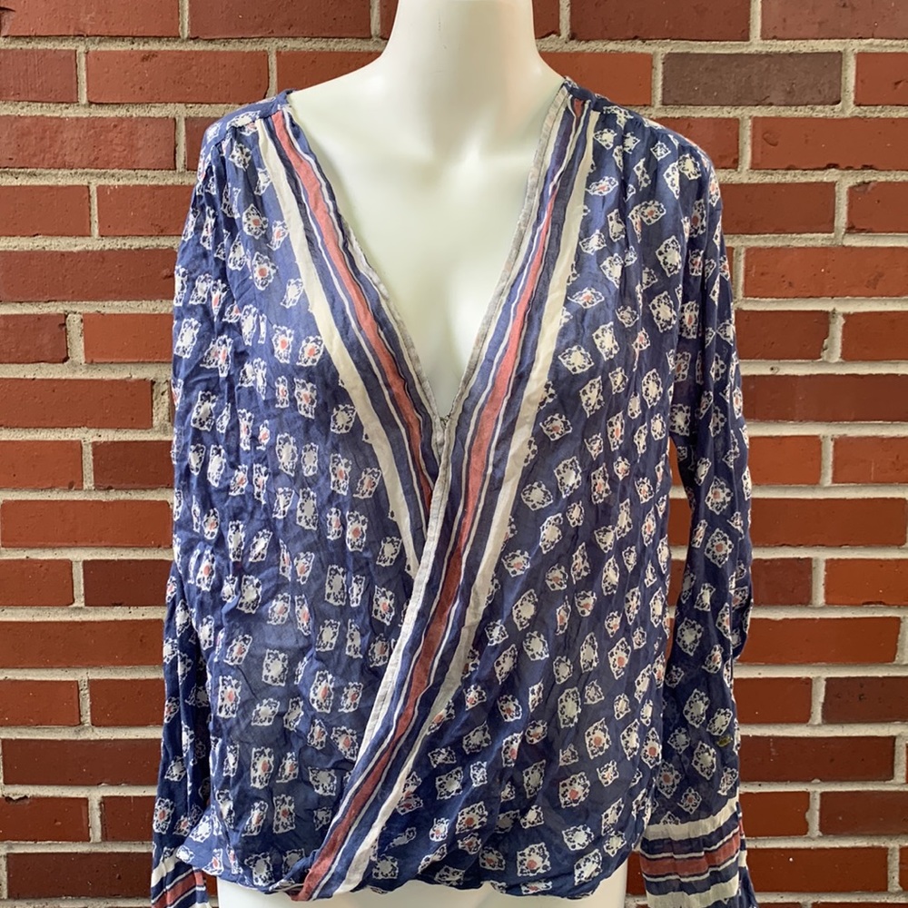 Free People  bogo blue, white and red sheer wrap-look blouse- S